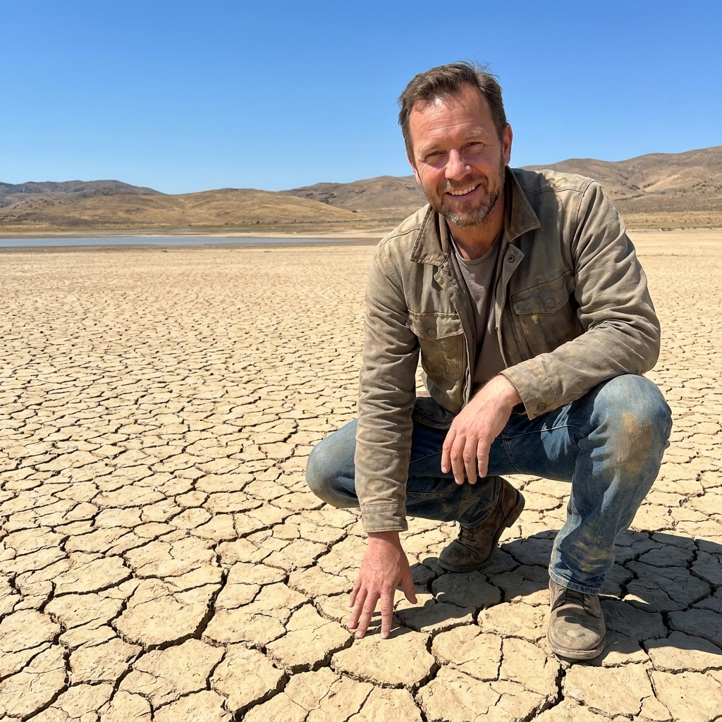 A dry, cracked lakebed with low water levels visible in the distance during severe drought conditions in California