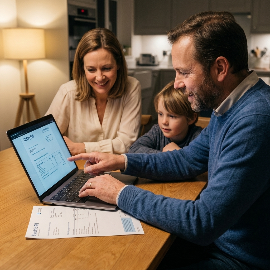 A family sitting at a dining table reviewing an electric bill together with a laptop open