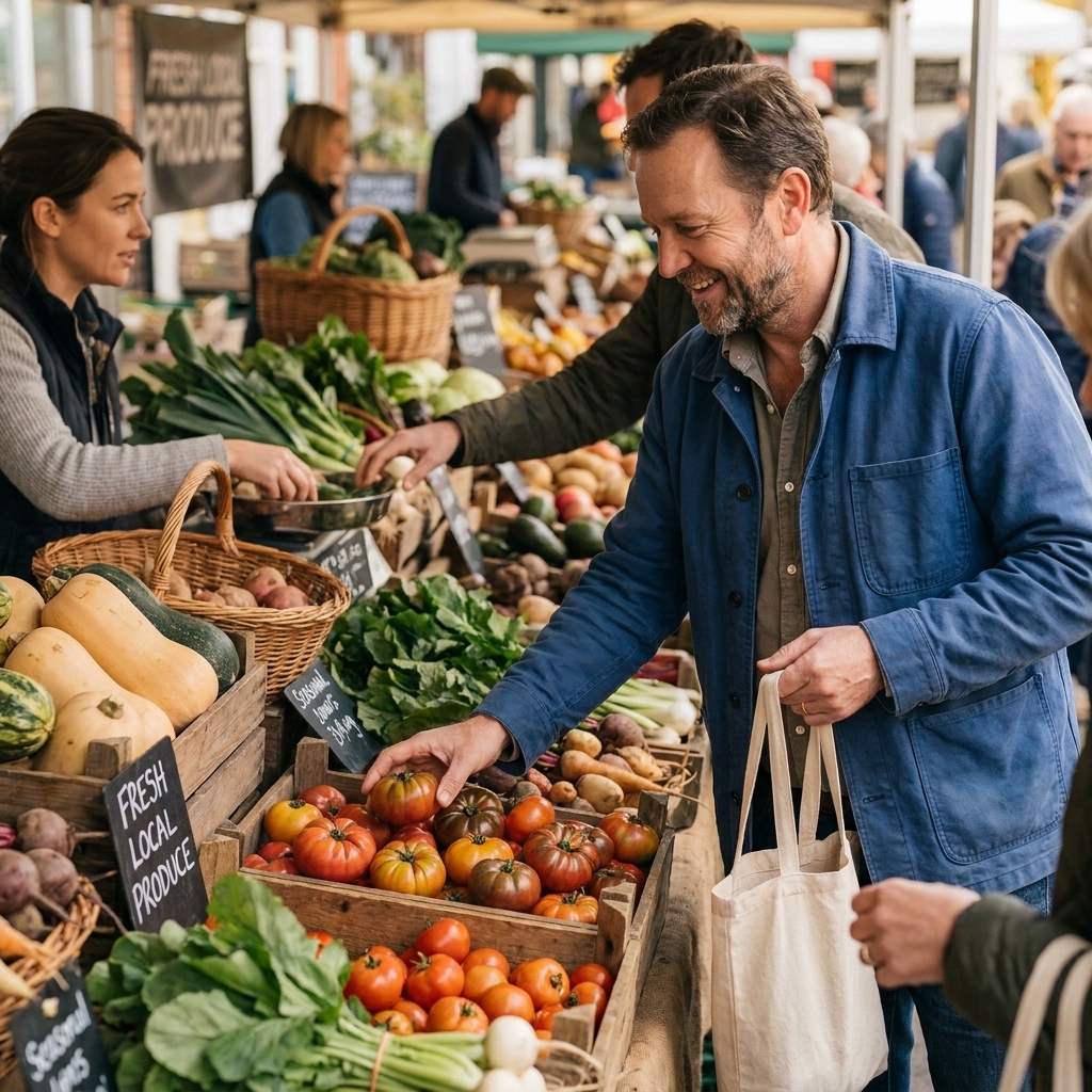 A farmers market stall with assorted seasonal vegetables and shoppers reaching for produce