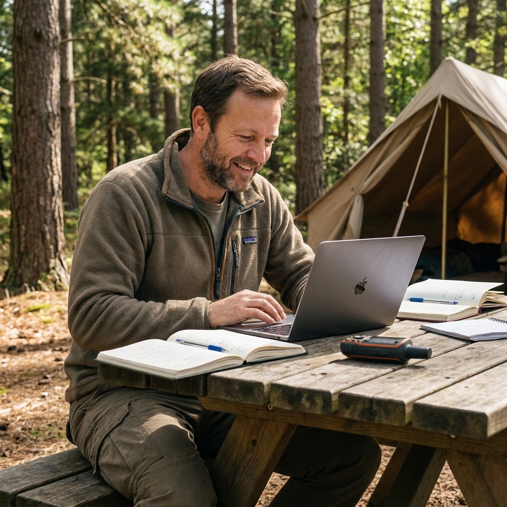 A field ecologist works at a campsite table with a laptop, notebooks, and a GPS unit while trees and tents sit in the background.