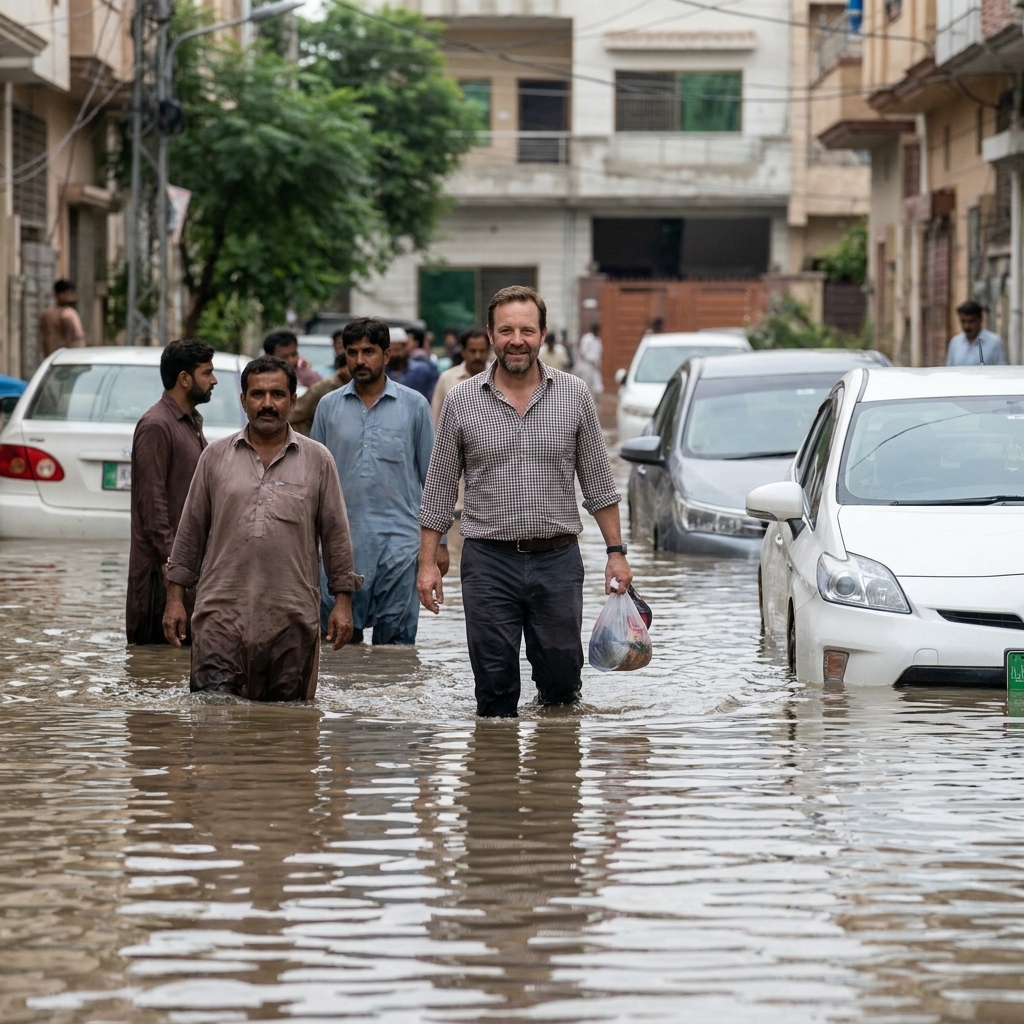 A flooded neighborhood with residents wading through waist-deep water past partially submerged vehicles after extreme monsoon rainfall in Pakistan