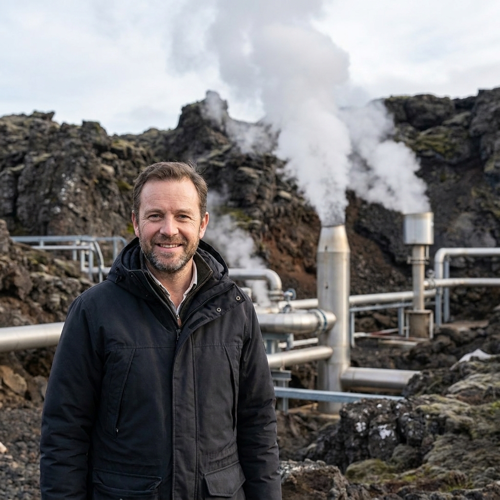 A geothermal power facility with white steam rising from vents and pipes in a rugged volcanic landscape