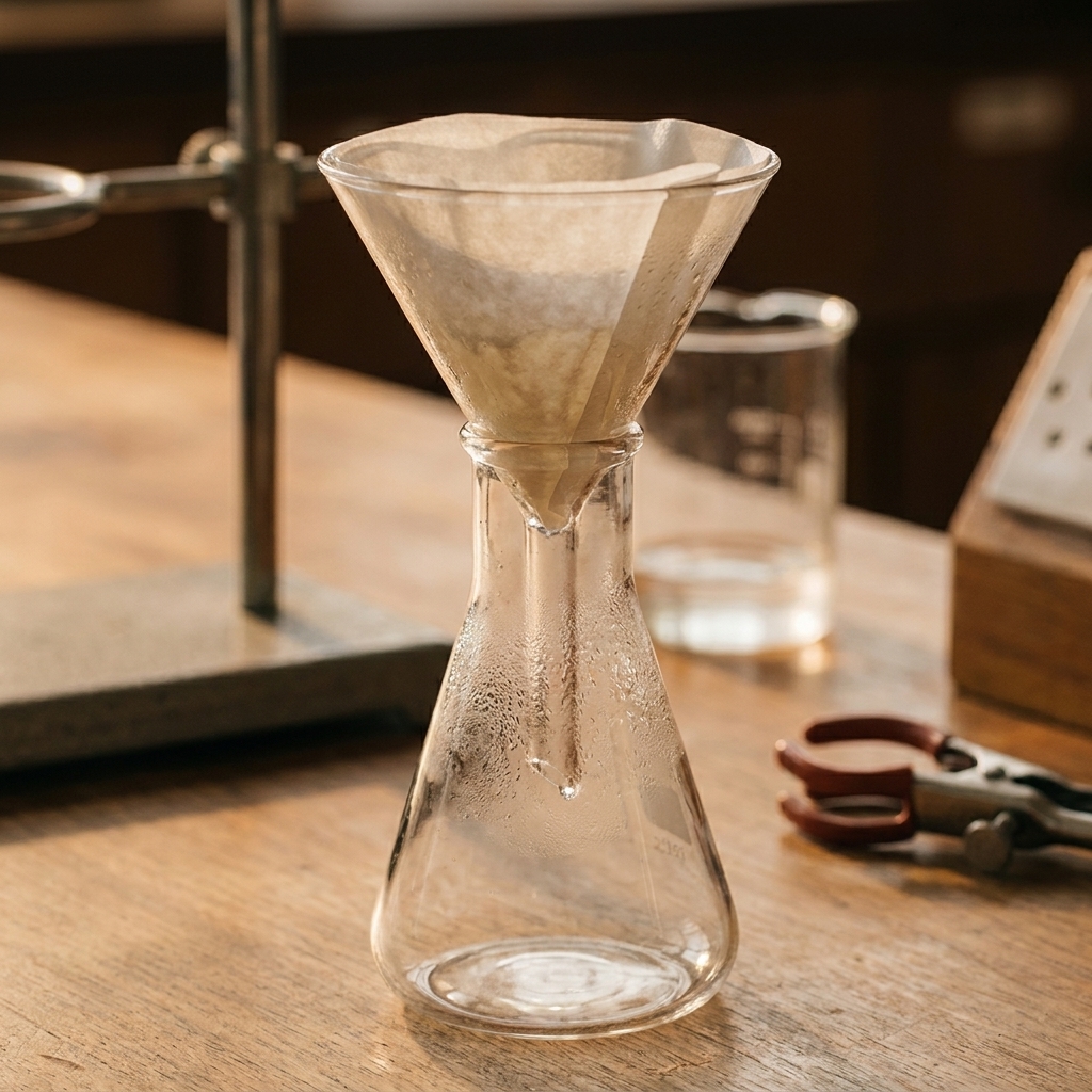 A glass funnel lined with moistened filter paper resting in the neck of an Erlenmeyer flask on a lab bench