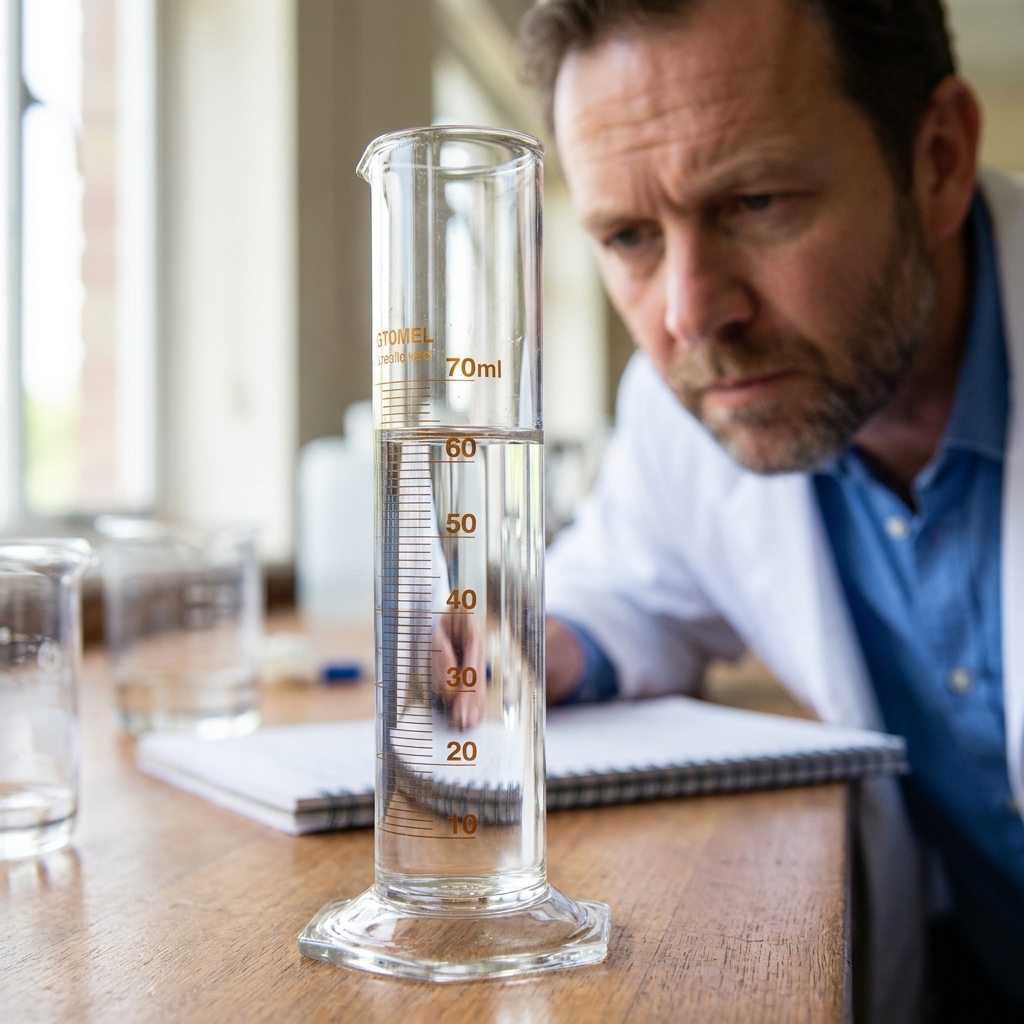 A graduated cylinder on a lab bench with a clear liquid, viewed at eye level to show the meniscus
