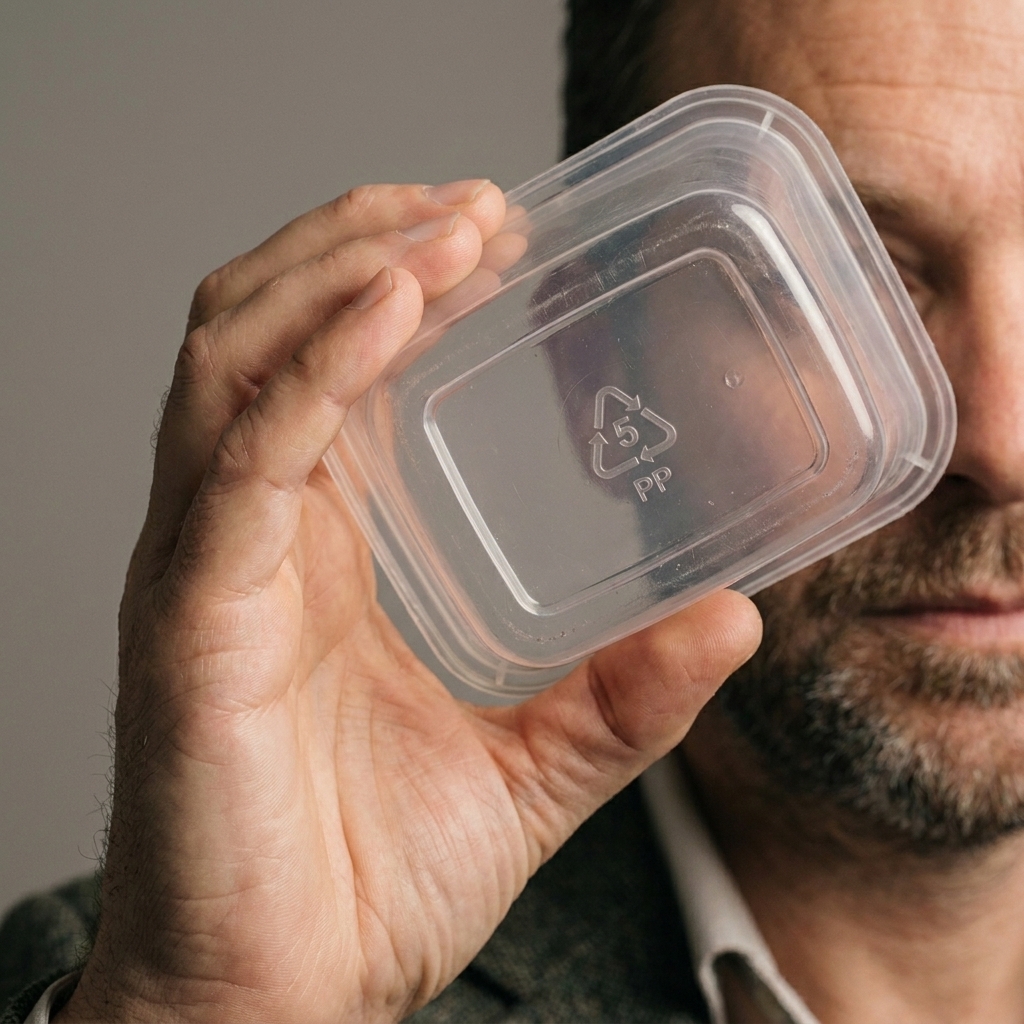 A hand holding a plastic food container showing a molded resin identification code triangle on the bottom