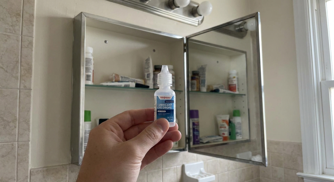 A hand holding a small bottle of Walgreens-branded lubricant eye drops near a bathroom medicine cabinet