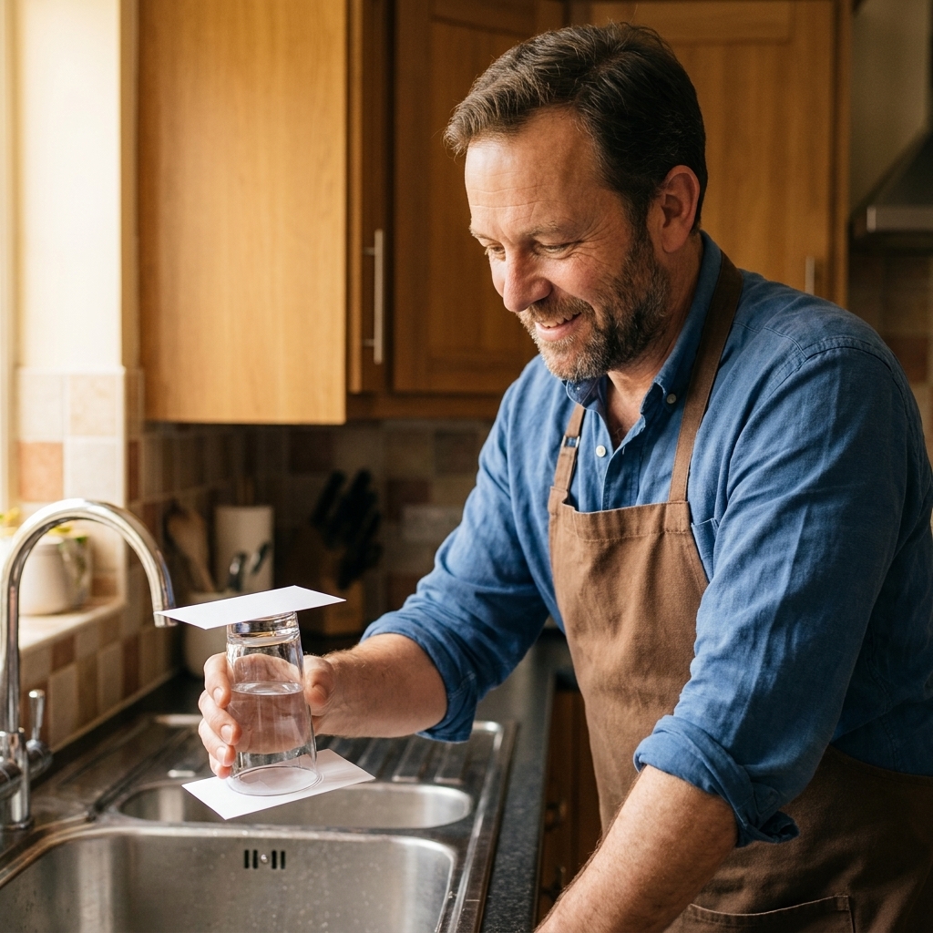 A hand holding an upside down clear glass filled with water, with an index card sealing the opening and keeping the water from spilling over a kitchen sink