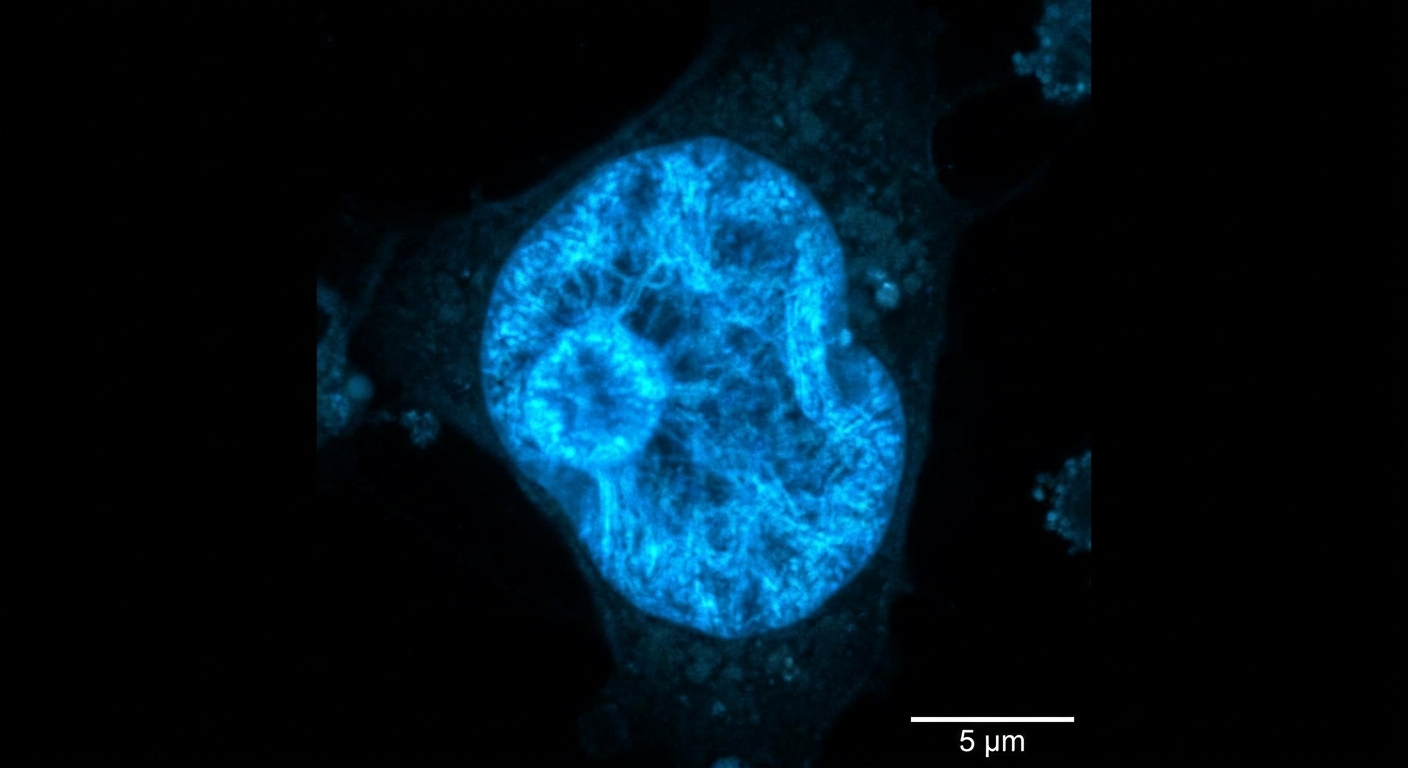 A high-magnification laboratory photograph showing a stained human cell nucleus under a microscope, with the nucleus clearly visible against a dark background