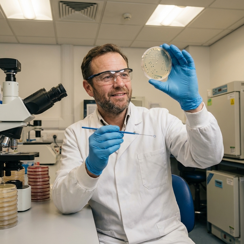 A hospital microbiology laboratory technician examining bacterial culture plates while wearing gloves and a lab coat