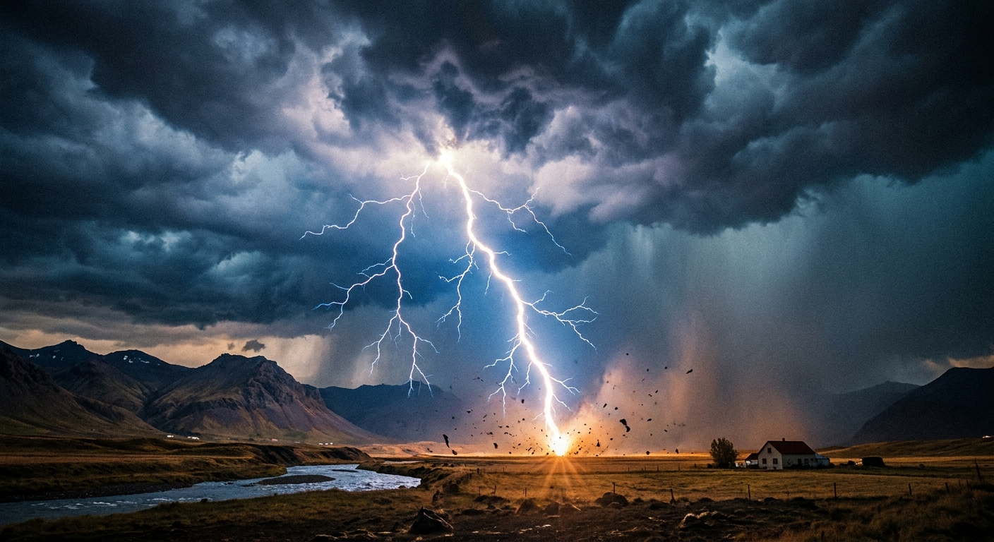 A jagged cloud-to-ground lightning strike hitting near a landscape beneath dark storm clouds