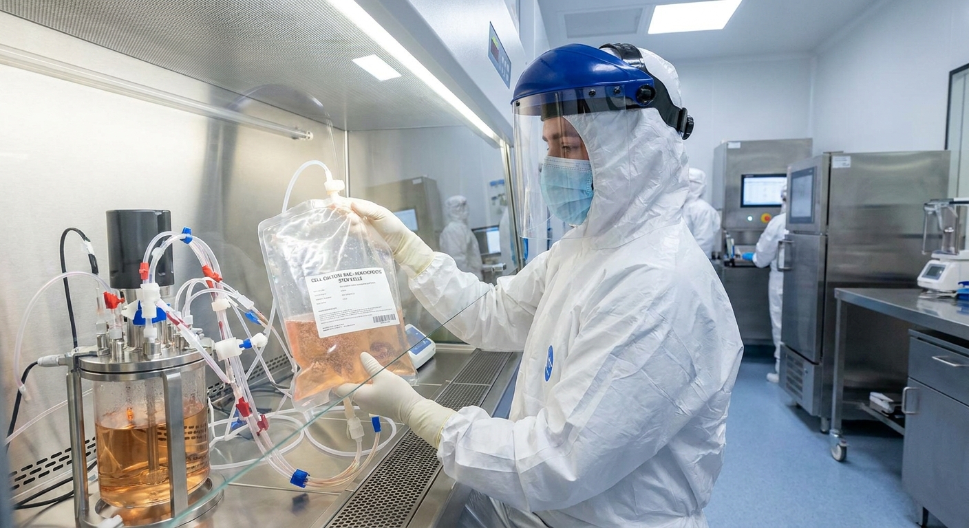 A lab technician handles a sealed bag of cells connected to tubing in a sterile processing area