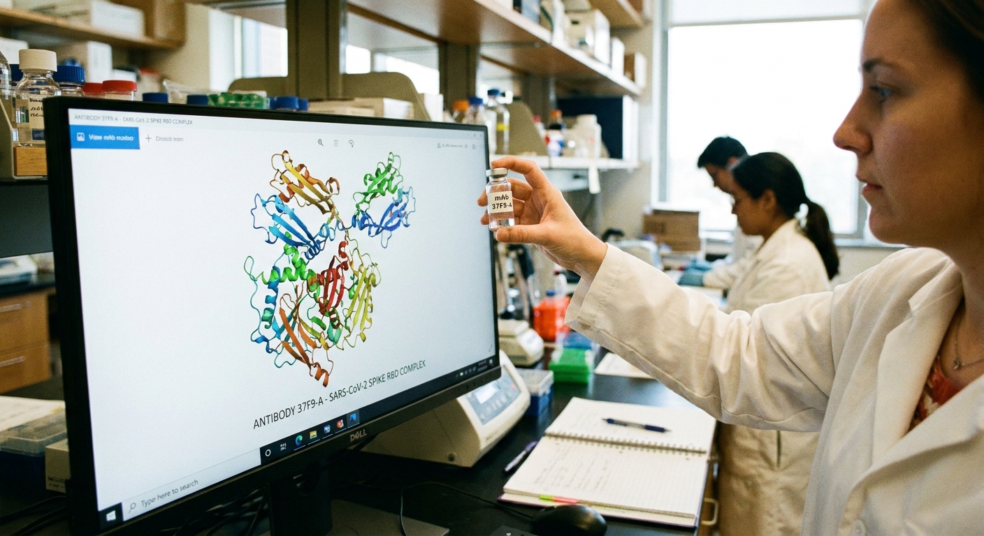 A laboratory scene showing a researcher holding a small vial near a computer screen displaying a 3D protein structure model, suggesting antibody research