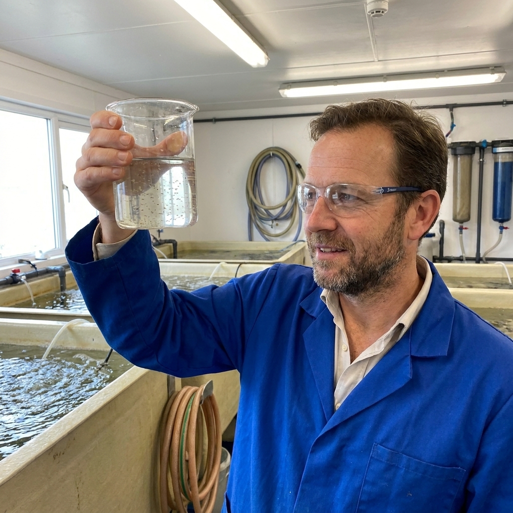 A laboratory scene with a technician holding a clear container of seawater used for oyster larvae, with tanks and hoses in the background of a hatchery facility
