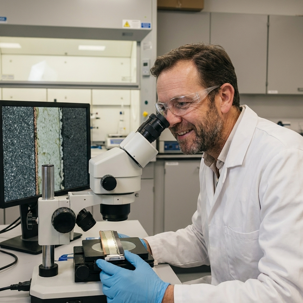 A laboratory technician examining a battery cell cross section to study interfaces between electrodes and a solid electrolyte