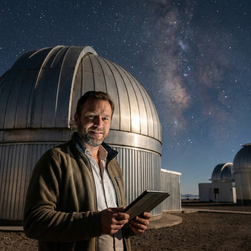 A large modern telescope dome at an observatory site in Chile under a clear starry sky at night