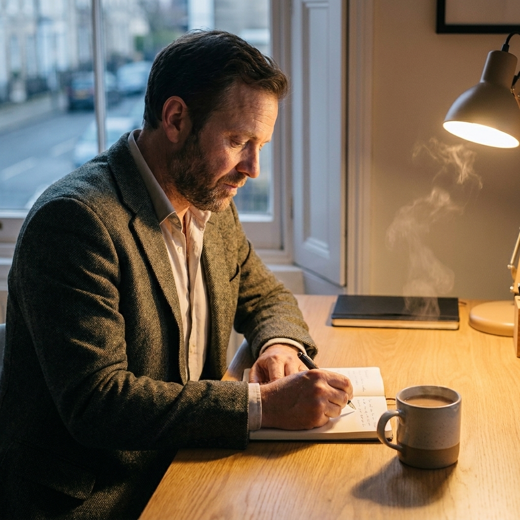 A middle-aged adult writing in a notebook at a tidy desk with a mug of tea nearby, calm evening lighting