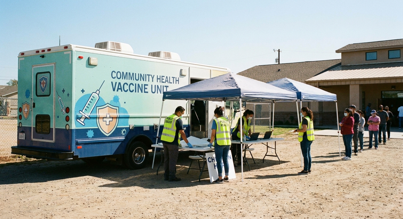 A mobile public health vaccination unit parked outdoors with staff setting up a small check-in area