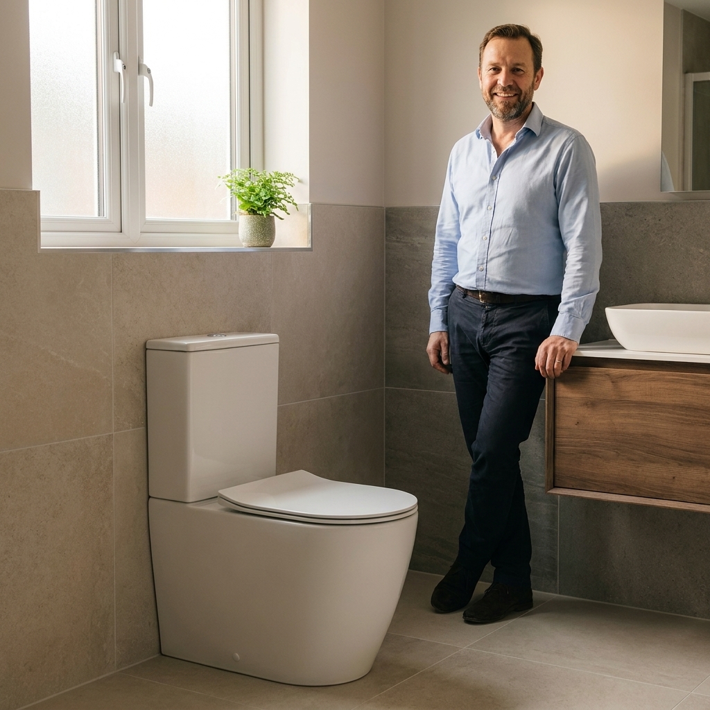 A modern water-efficient toilet in a clean bathroom with neutral tile and natural light