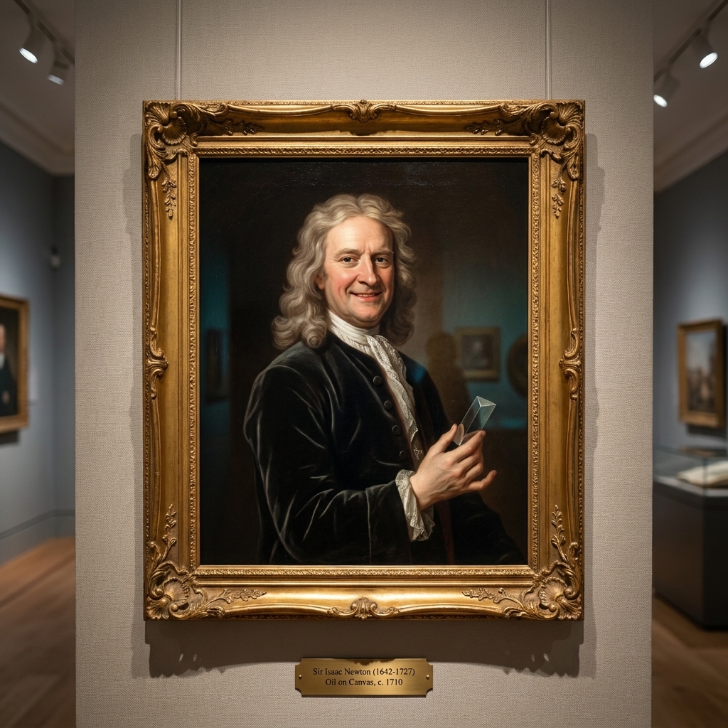 A museum display featuring a classic painted image of Isaac Newton in period clothing, photographed under gallery lighting