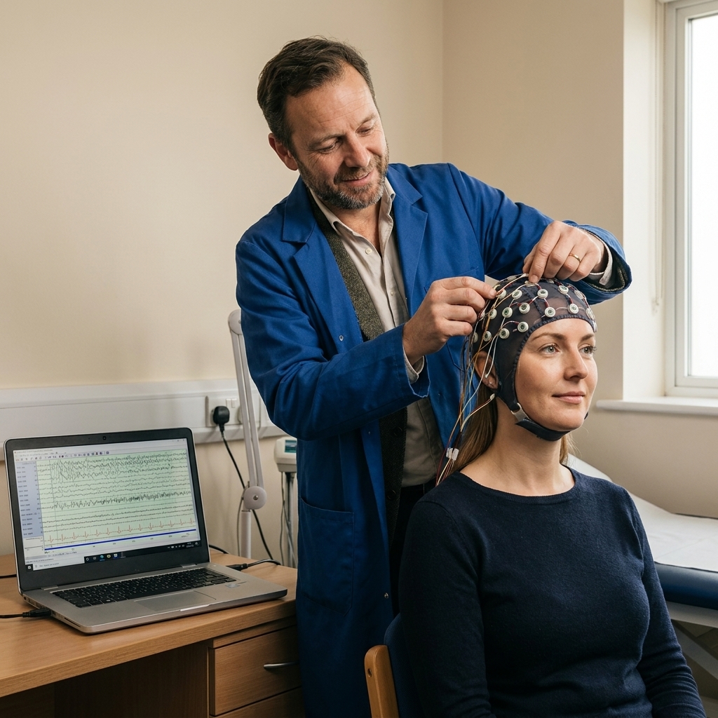 A neuroscience engineer fitting an EEG cap on a participant in a clinic room while a laptop displays brain signal recordings