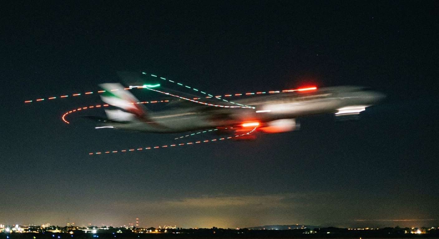 A night photo of a commercial airplane crossing a dark sky with visible blinking navigation lights and a faint motion blur