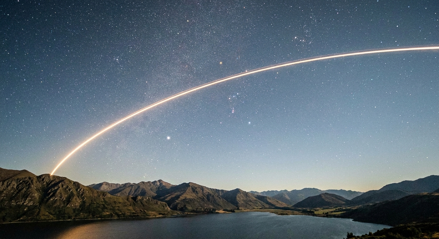 A night photograph with a clear sky showing a bright point of light moving across the stars, consistent with the International Space Station during an overhead pass