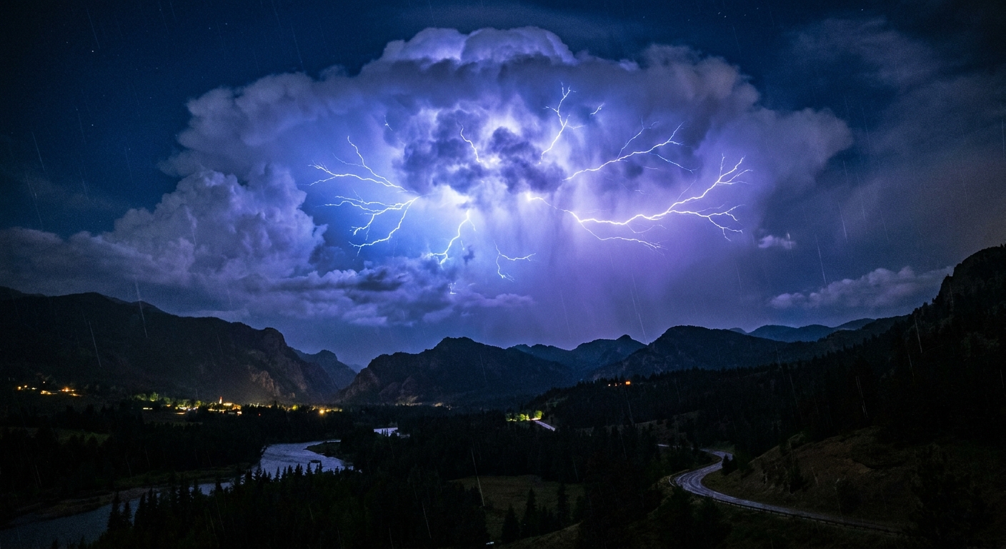 A nighttime thunderstorm where the interior of a large cloud glows from intracloud lightning, with the landscape below mostly dark