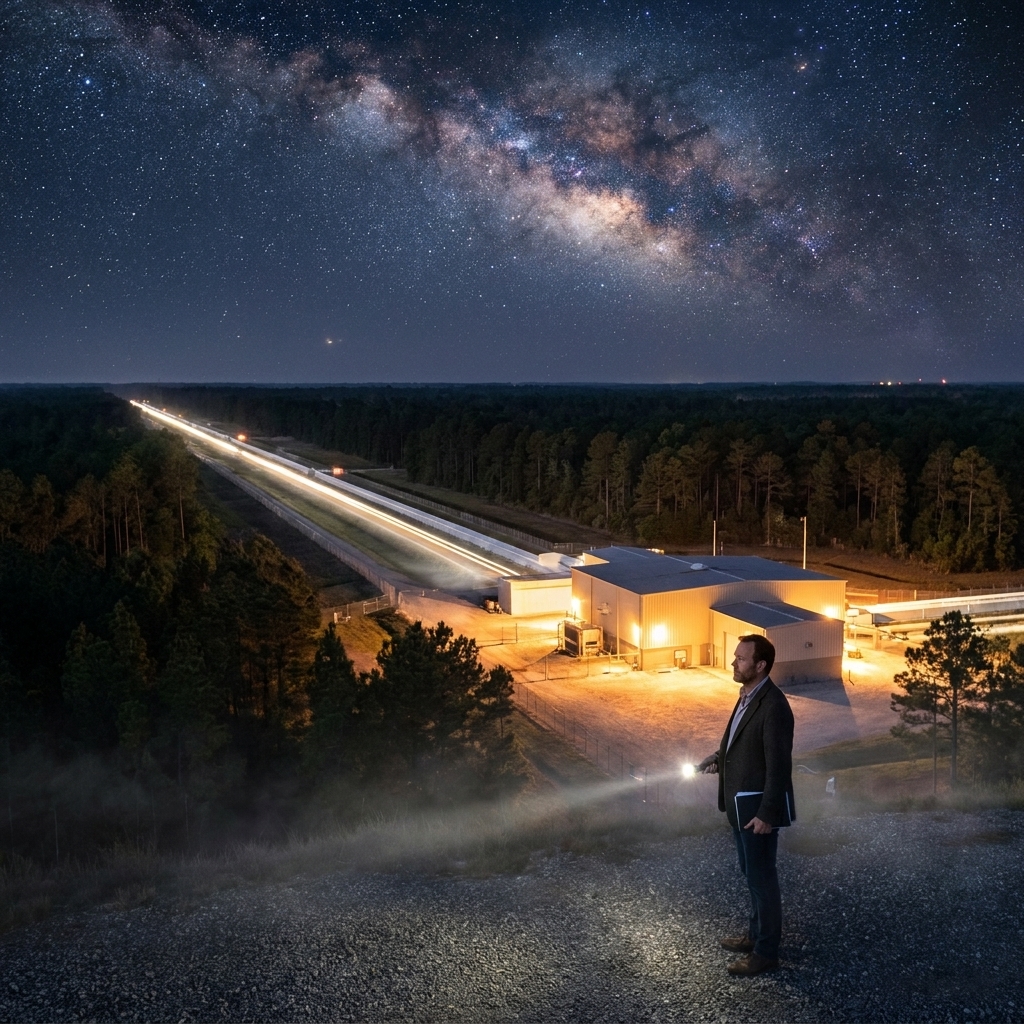 A nighttime view of the LIGO Livingston Observatory with long interferometer arms stretching into the distance under a starry sky