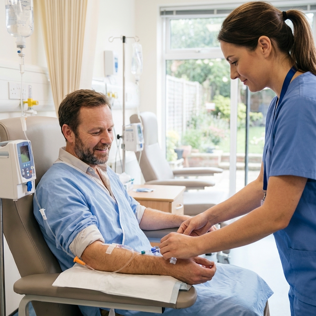 A nurse adjusting an IV infusion line for a patient seated in an oncology clinic