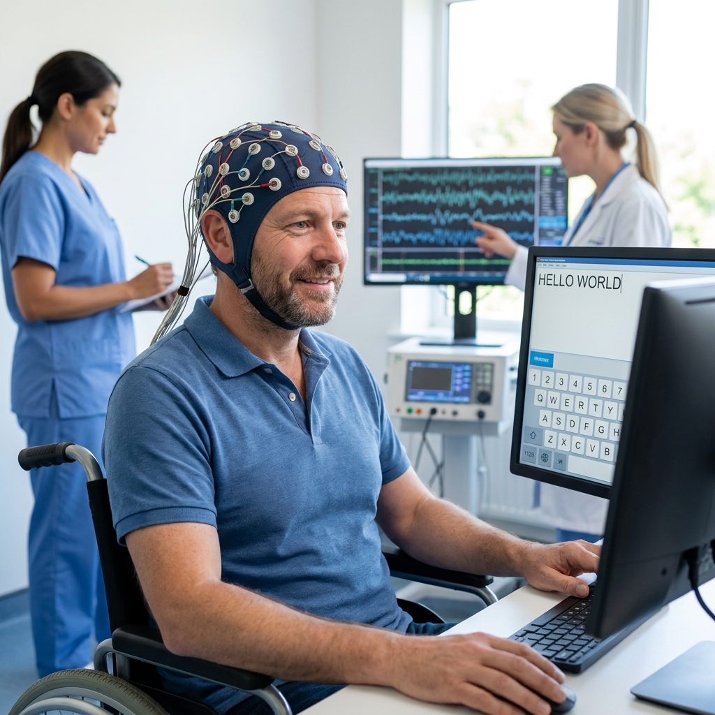A participant in a clinical research setting using a computer while clinicians monitor brain-computer interface equipment, demonstrating assistive typing