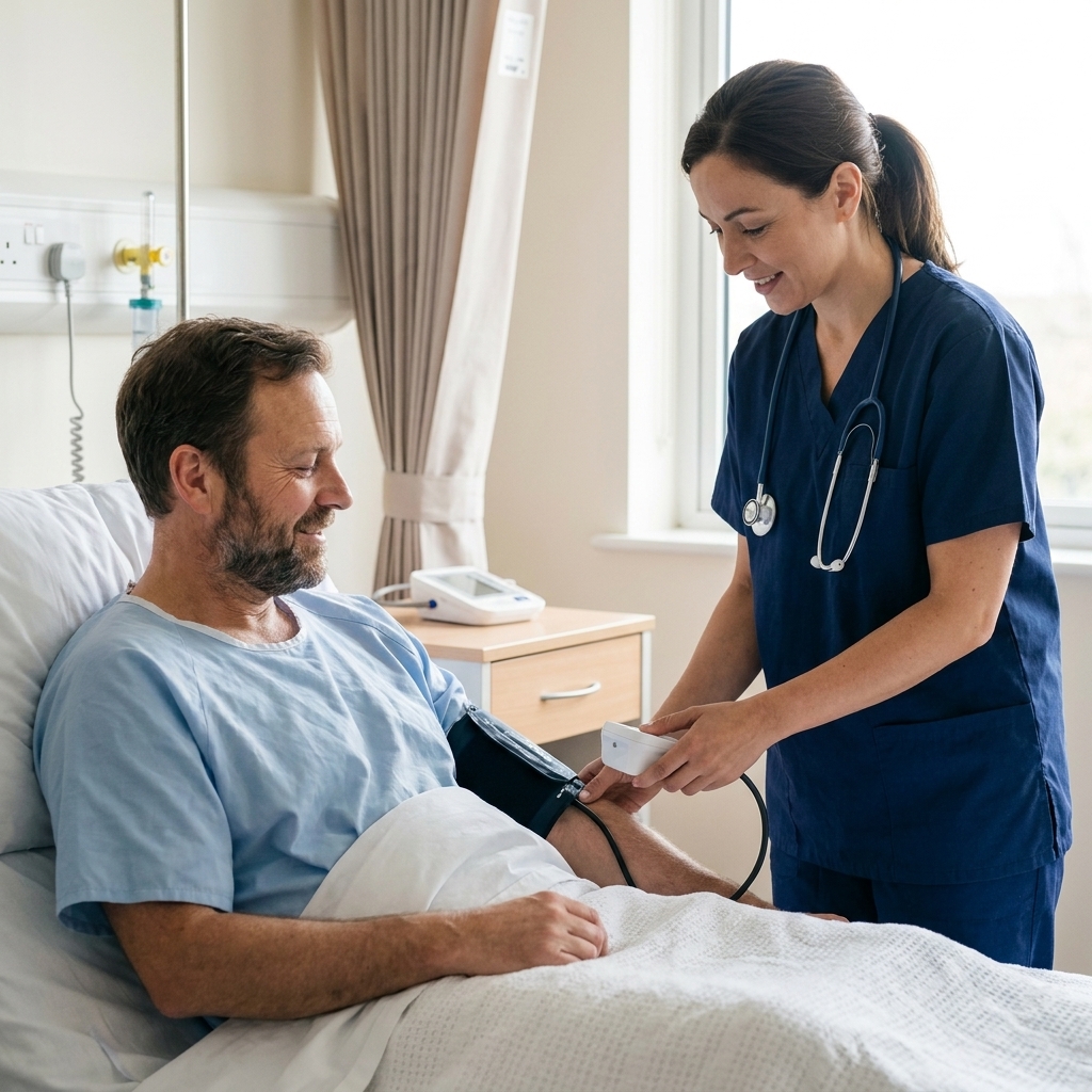 A patient resting in a hospital room while a clinician checks vital signs at the bedside