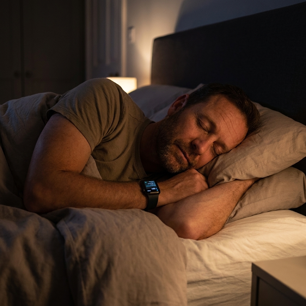 A person asleep in bed at night with a smartwatch visible on their wrist under soft bedside lighting
