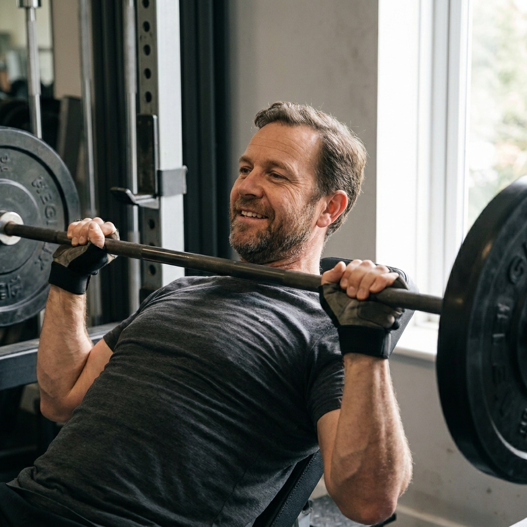 A person gripping a barbell during a strength training workout