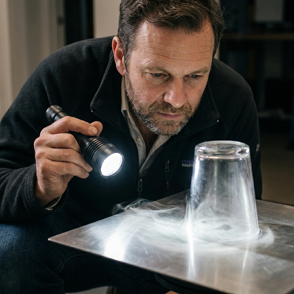 A person holding a bright flashlight at a low angle aimed across the bottom of a clear inverted container on a metal plate, creating a thin illuminated mist layer near the base