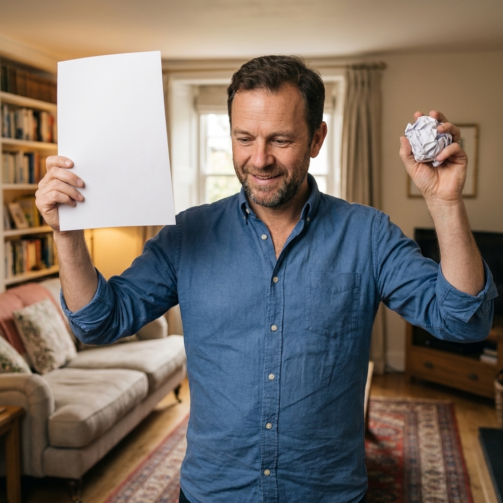 A person holding a flat sheet of paper in one hand and a crumpled paper ball in the other, ready to drop them from the same height in a living room