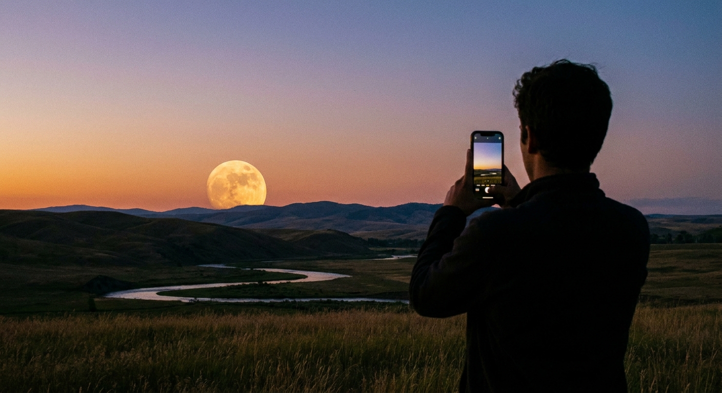 A person holding a smartphone toward a low Moon near the horizon on a clear evening, with the Moon visible above distant hills