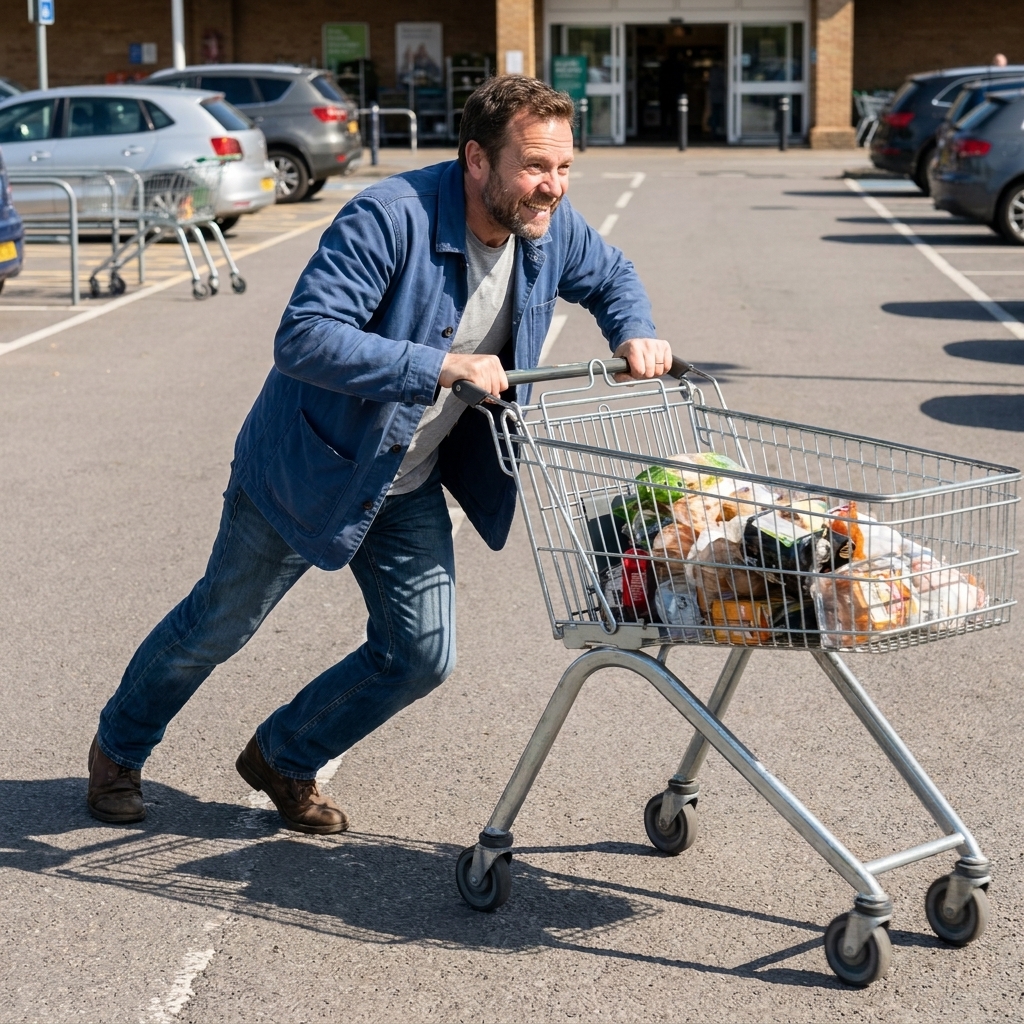 A person leaning forward slightly while pushing a shopping cart in a parking lot, showing effort as the cart starts moving