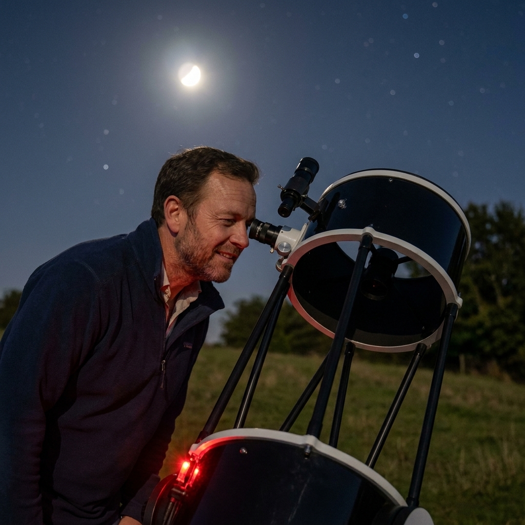 A person looking through a telescope eyepiece at night with the bright Moon visible in the sky above the telescope