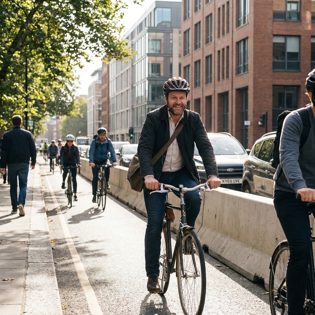 A person riding a bicycle in a protected bike lane during a clear morning commute in a city
