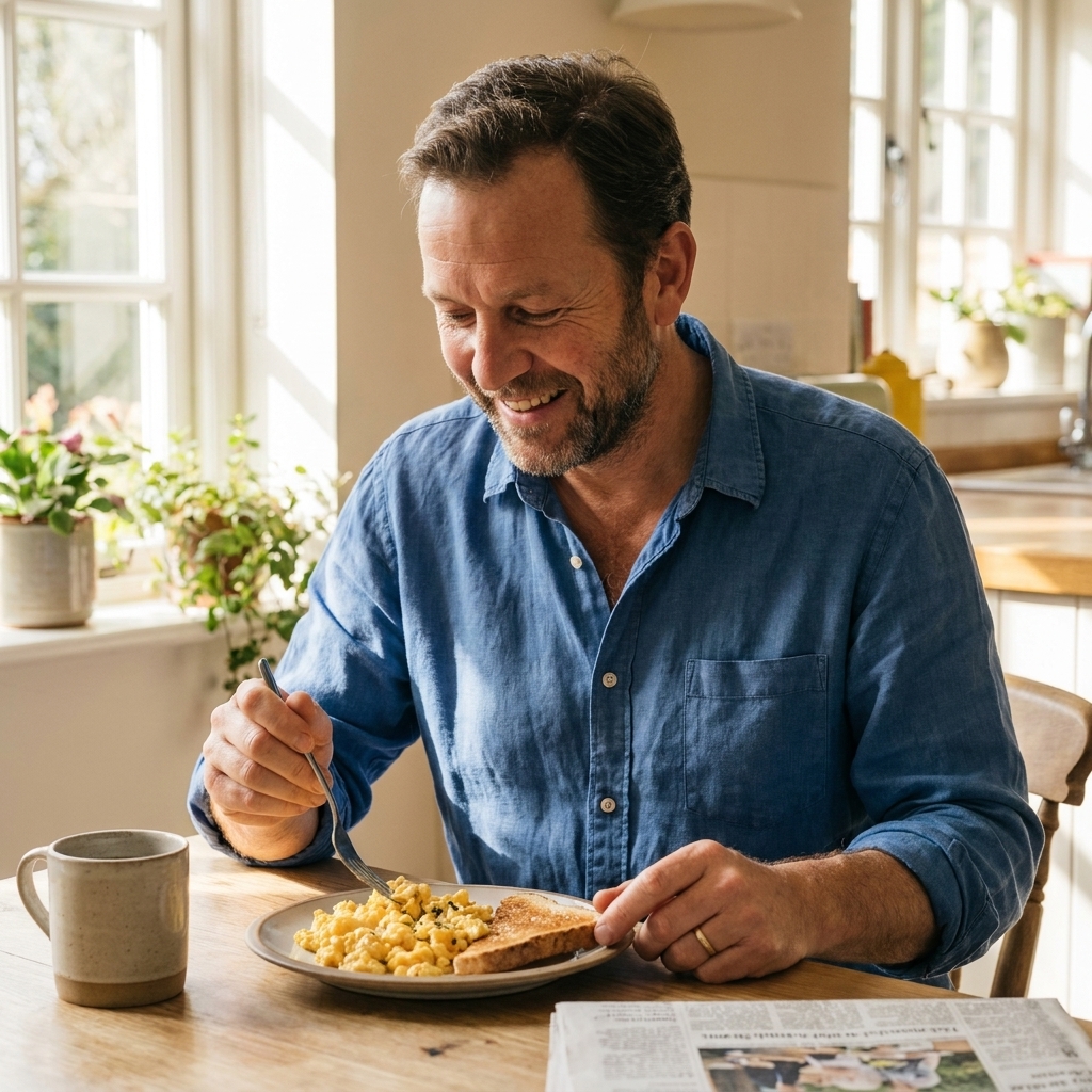 A person sitting at a kitchen table eating a simple breakfast with sunlight coming through a window