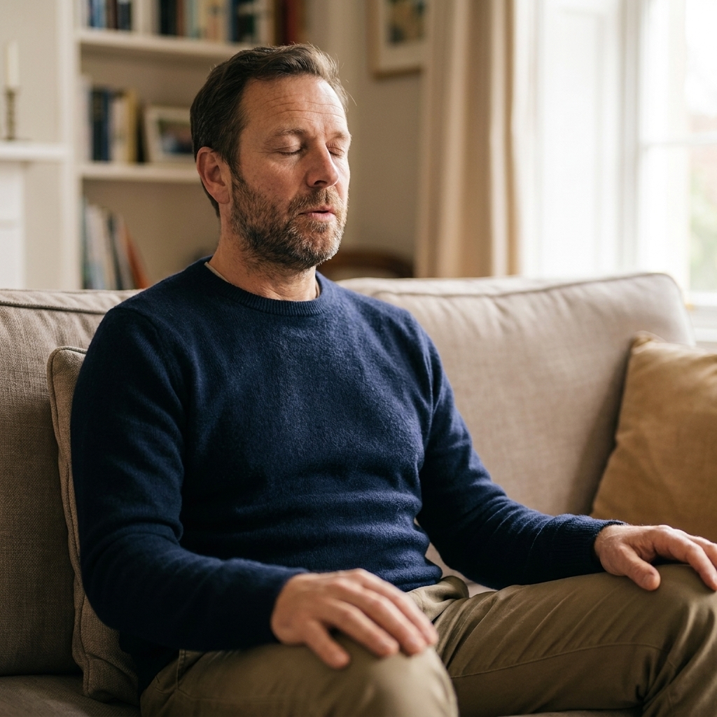 A person sitting comfortably on a couch, eyes closed, practicing slow breathing