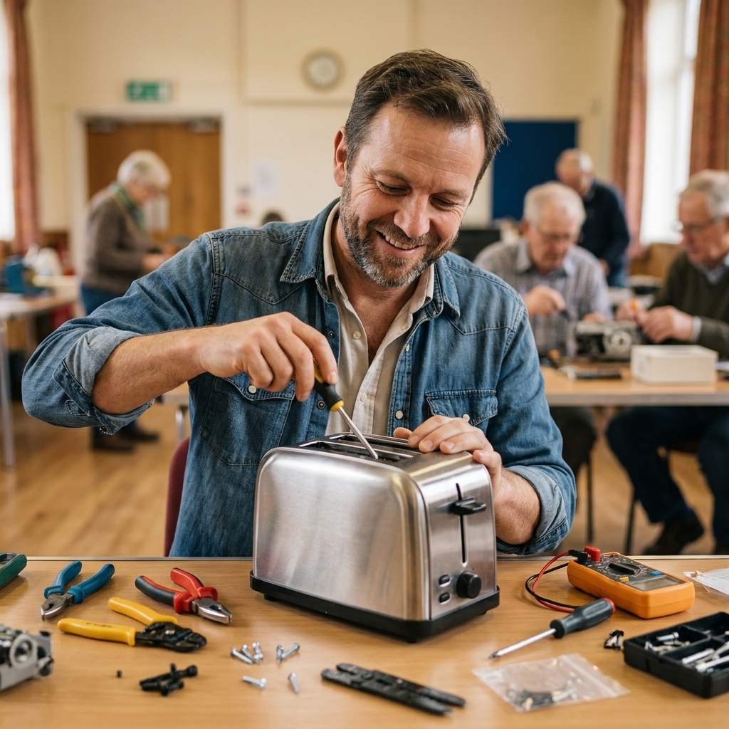 A person using a screwdriver to repair a toaster at a community repair table with tools spread out