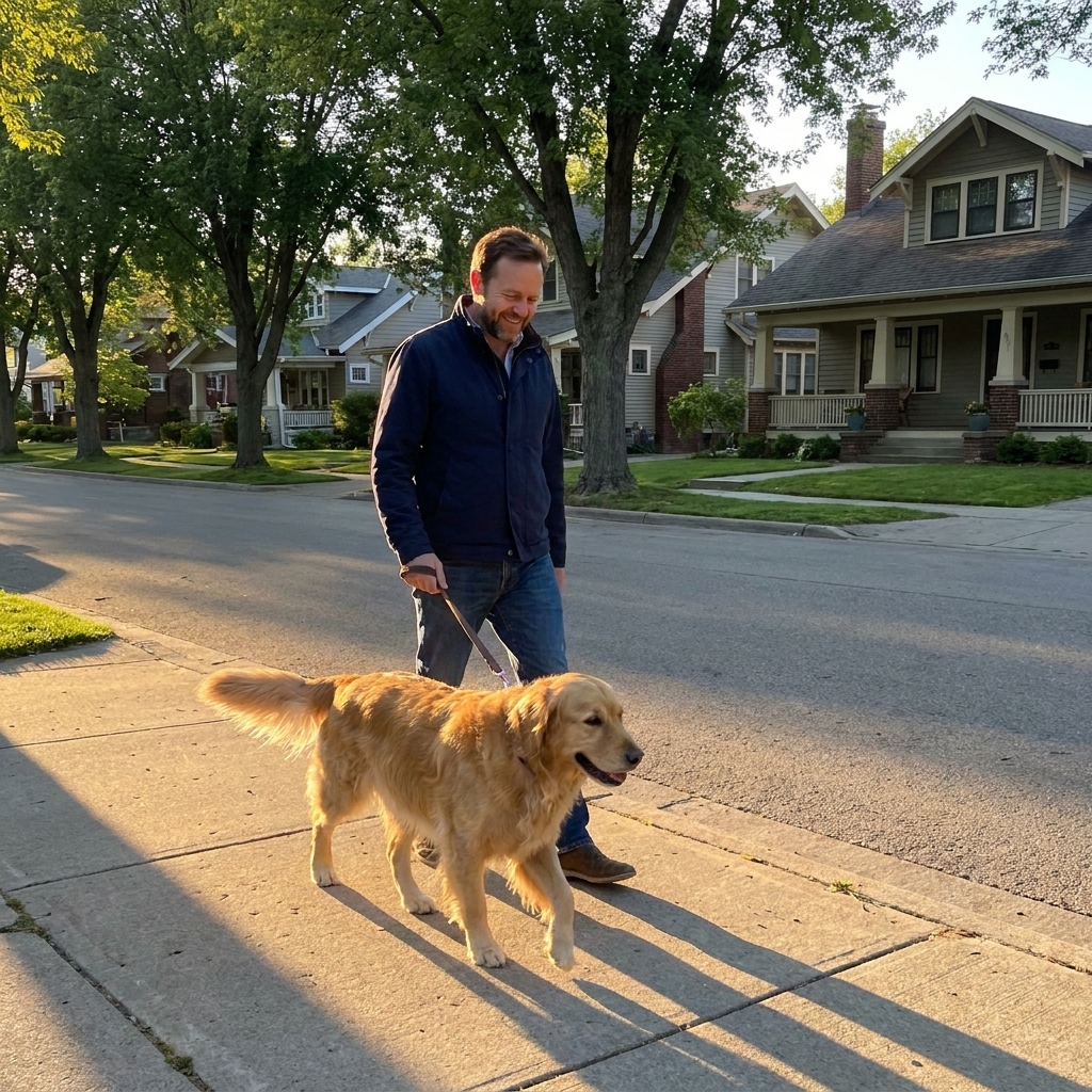 A person walking a dog on a quiet residential street just after sunrise, with long shadows and warm morning light