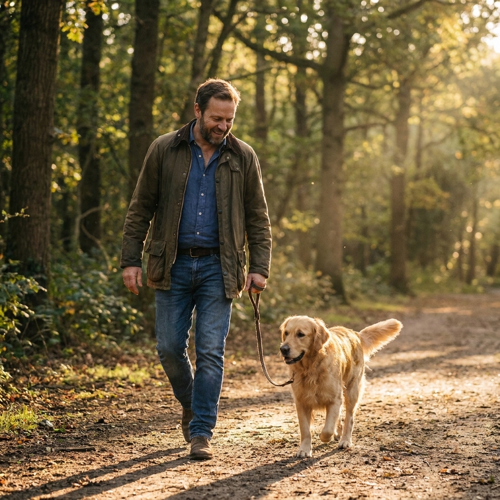 A person walking a golden retriever on a wooded trail in soft afternoon light