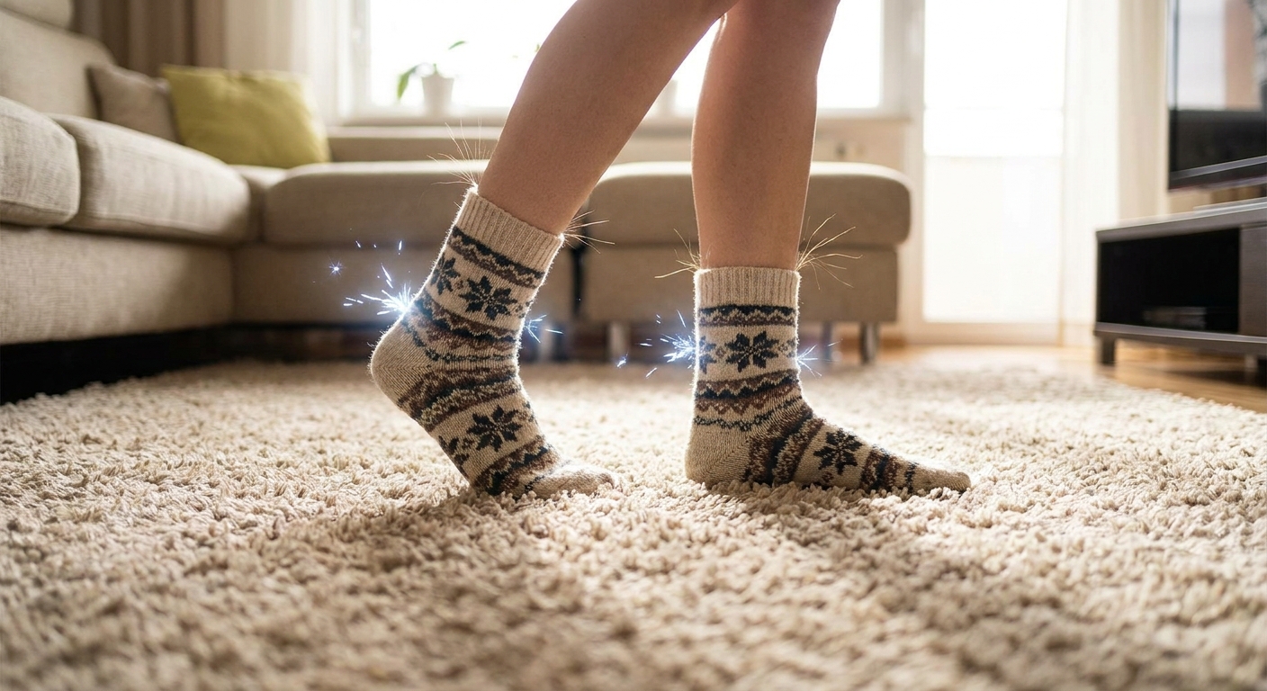 A person walking across a carpeted living room in socks, building up static electricity