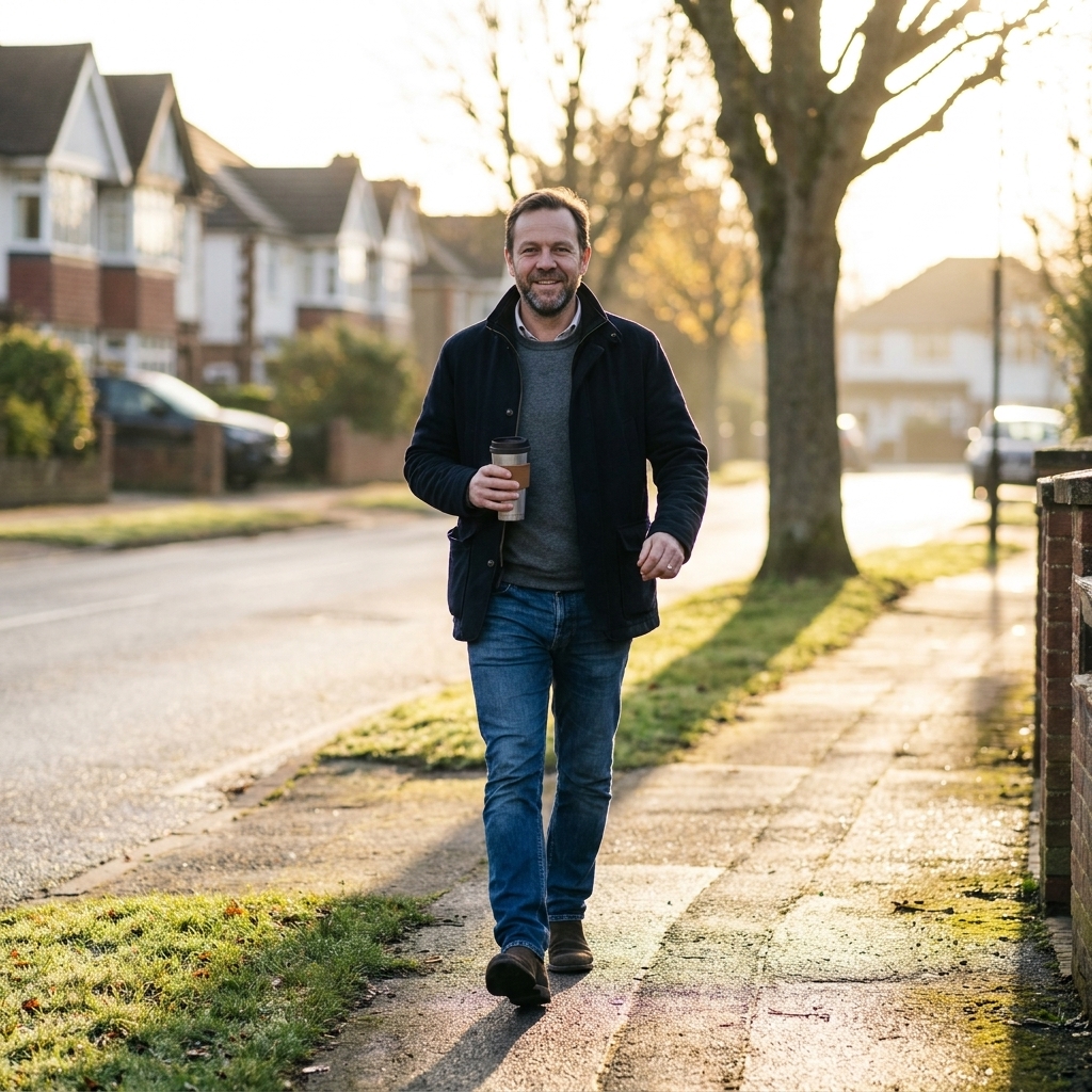 A person walking briskly on a quiet neighborhood sidewalk in early morning light
