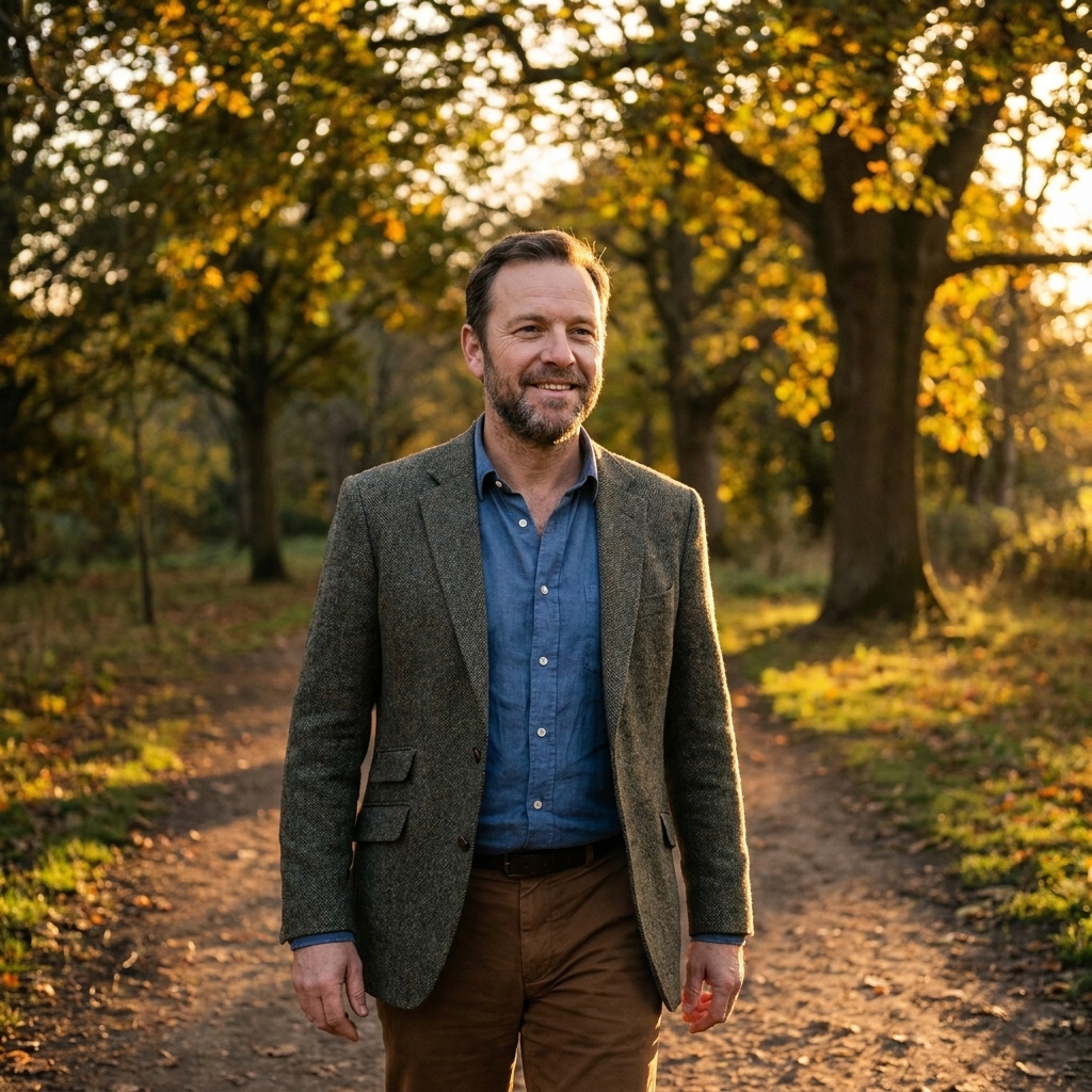 A person walking calmly along a park path at sunset with trees and warm light