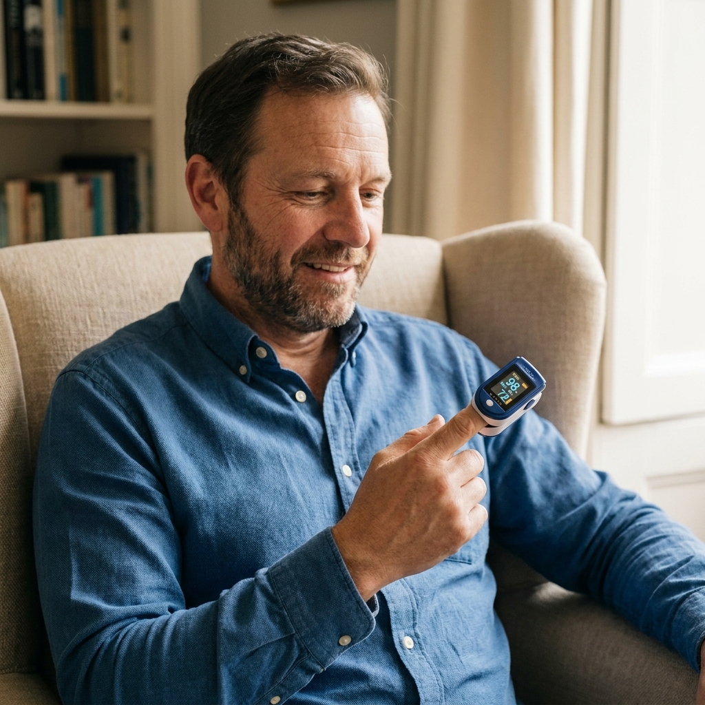 A person wearing a fingertip pulse oximeter showing a blood oxygen reading while seated indoors