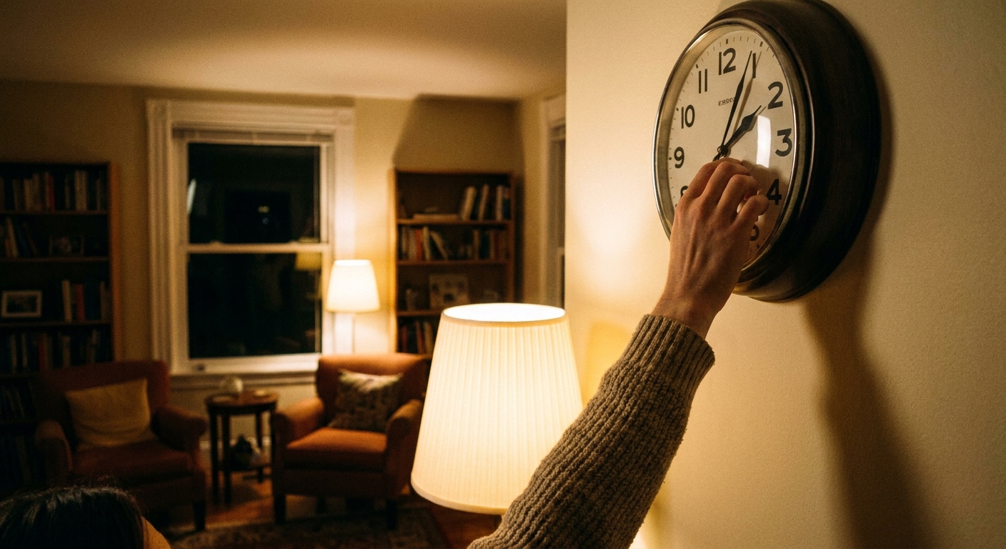 A person’s hand adjusting an analog wall clock at night in a softly lit living room, showing the time being turned back by one hour