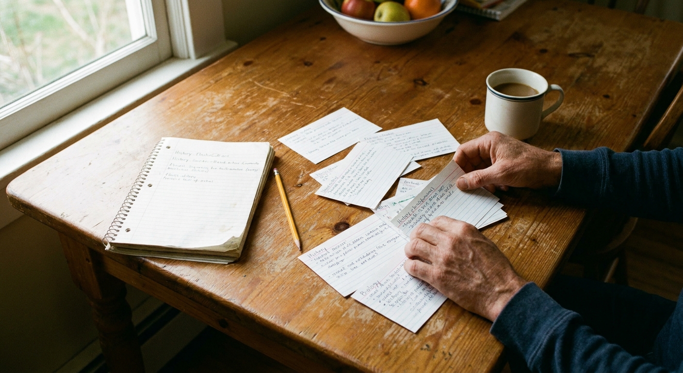 A person’s hands sorting flashcards next to a notebook and pencil on a kitchen table in natural daylight